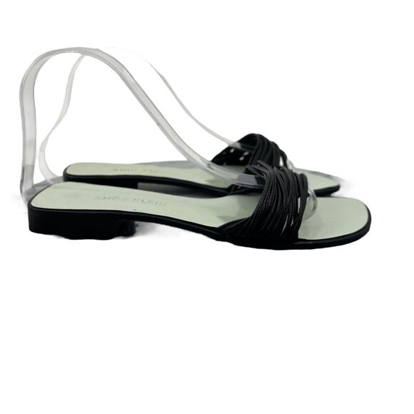 Anne Klein Slide Sandals Womens 7 Black Mini Leather Straps Slip On Flat New - Picture 1 of 11